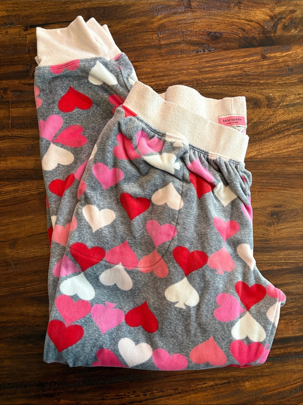 kate spade Heart-Print Gray Pajama Pants with Pink & Red Hearts